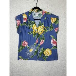 Hilo Hatties Shirt Large Blue Hawaiian Floral Print Button Up Camp Casual